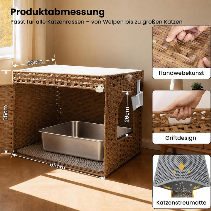 Katzenklo: Versteckte Katzentoilette aus Rattan in Möbeloptik mit auslaufsicherer Katzenklo-Matte fü