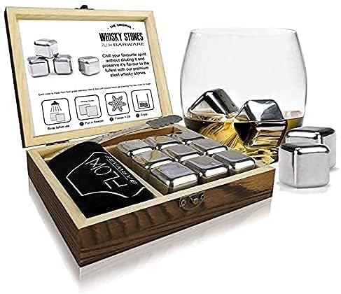 FLOW Barware Whisky-Steine, Geschenk-Set mit Eiszange und Aufbewahrungstasche, Wiederverwendbare Eis