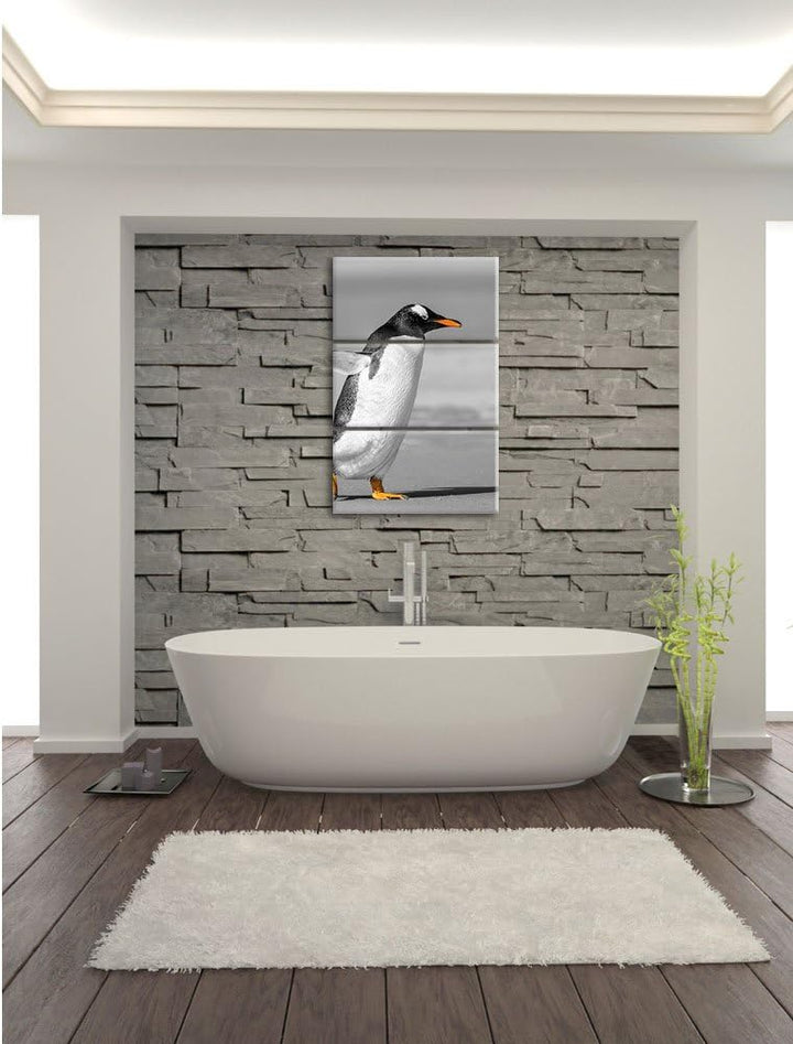 watschelnder Pinguin am Strand schwarz/weiss 3-Teiler Leinwandbild 120x80 Bild auf Leinwand