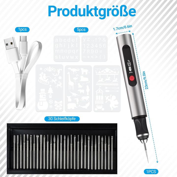 Gravierstift – Kabelloser elektrischer Gravur Stift mit 30 Bits, tragbarer Gravierstift für über 50