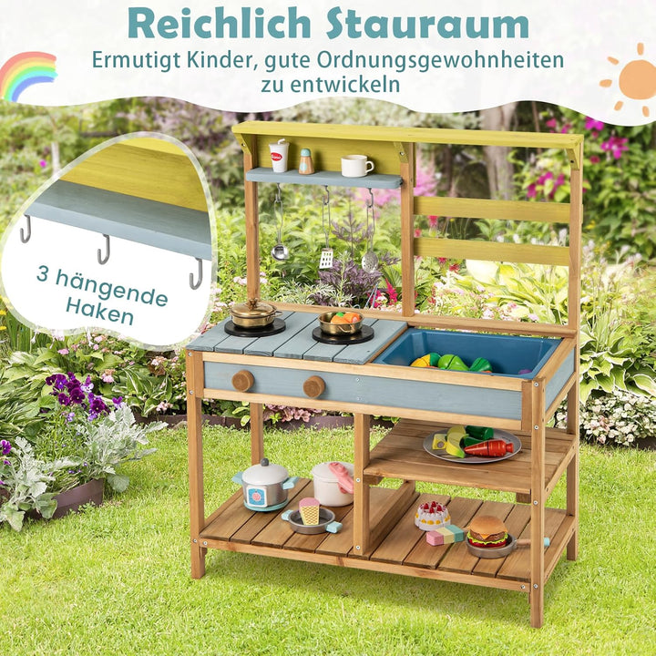 COSTWAY Matschküche Kinder Outdoor, Kinderküche Holz mit Spüle, Spielküche mit Haken & abnehmbarem R