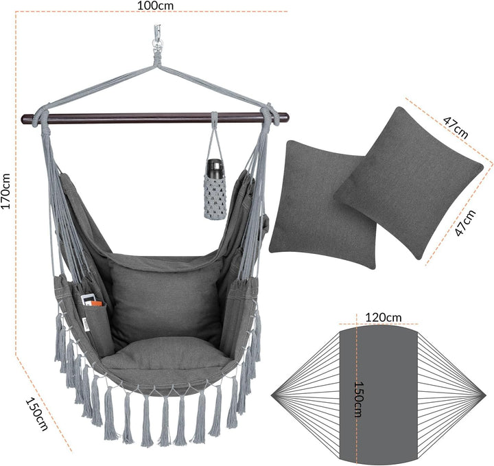 DETEX® Hängesessel bis 150kg Belastbar mit Flaschenhalter Boho Stil Wetterfest Garten 360° Drehbar A