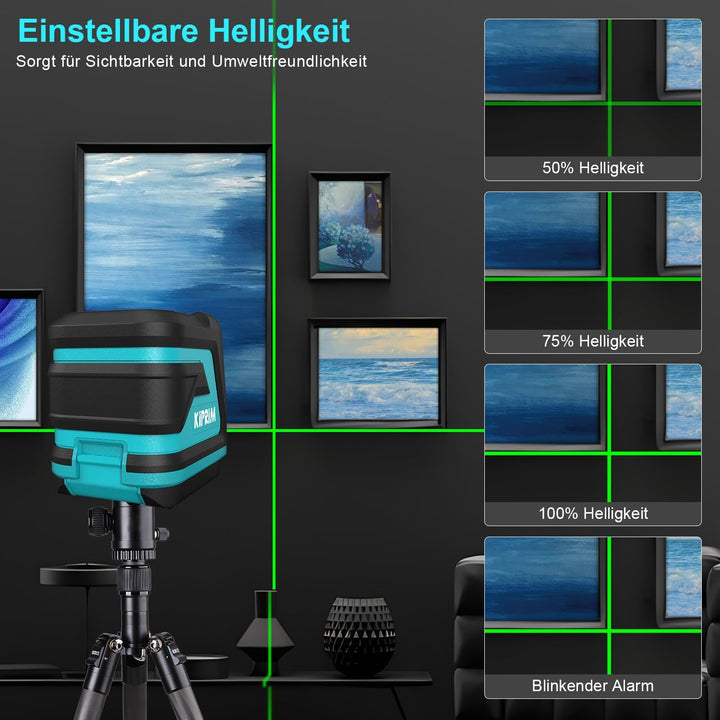 Kiprim Grüner Kreuzlinienlaser LV8 mit Verbesserter Sichtbarkeit, Einstellbarer Helligkeit,Manuellem