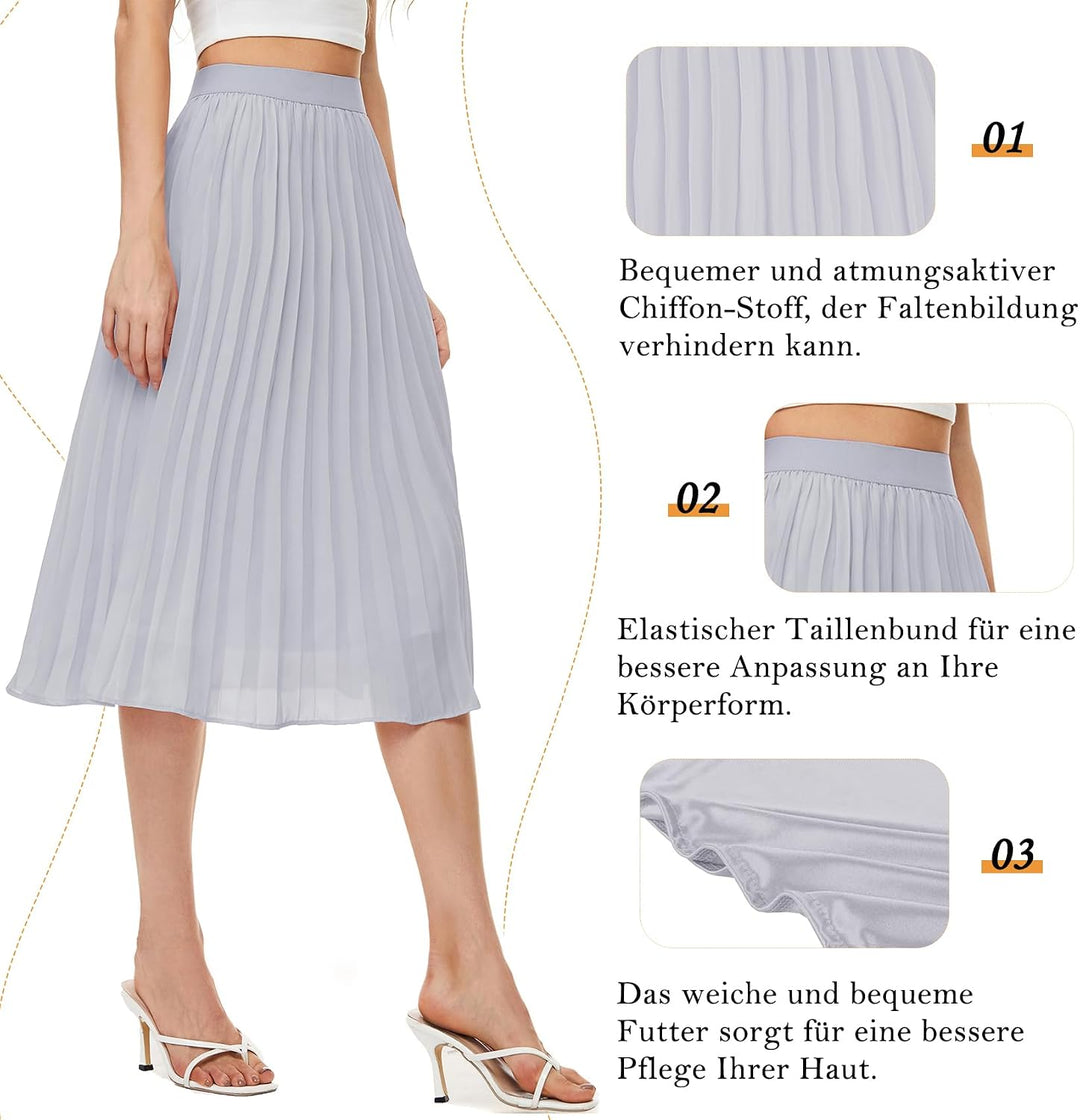 Durio Midirock Damen Faltenrock Plissee Damenrock Sommerrock Leicht Casualrock Chiffon Röcke A-Linie