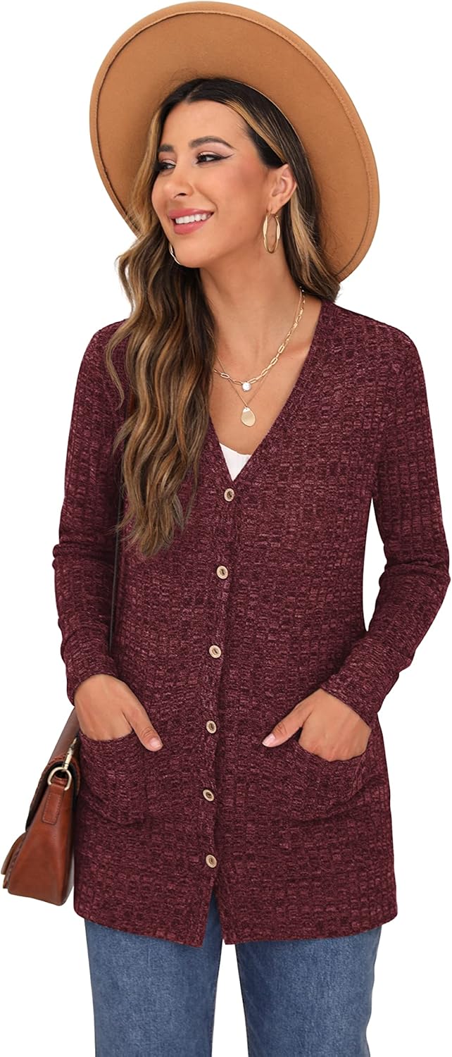 GRECERELLE Damen Lang Strickjacke Herbst Leichte mit Taschen und Knöpfen Weiche Long Elegant Gerippt