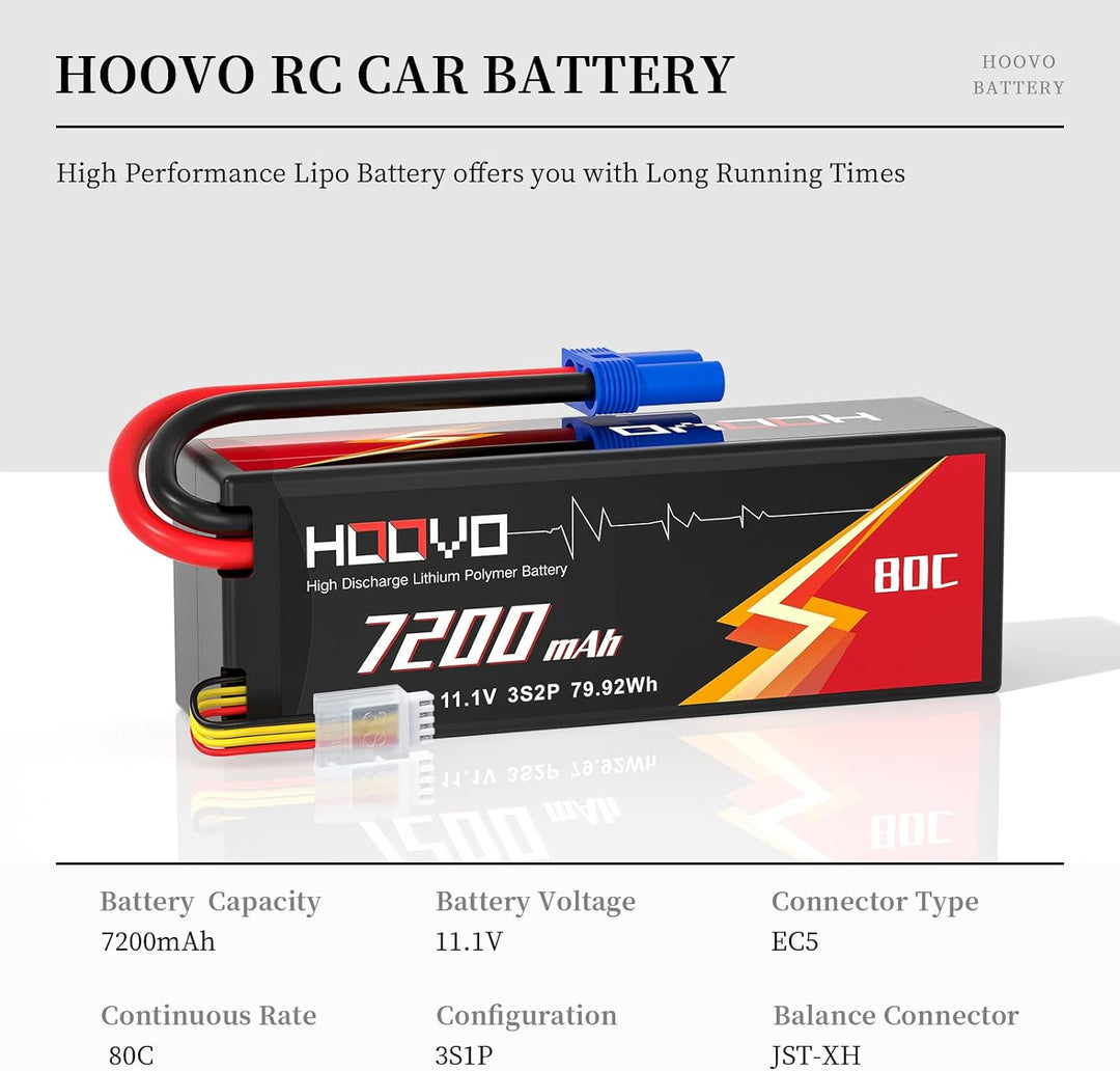 HOOVO 11.1V Lipo Akku 3S 7200mAh 80C Hard Case Akku mit EC5 Anschlussstecker für RC 1/8 1/10 Scale F