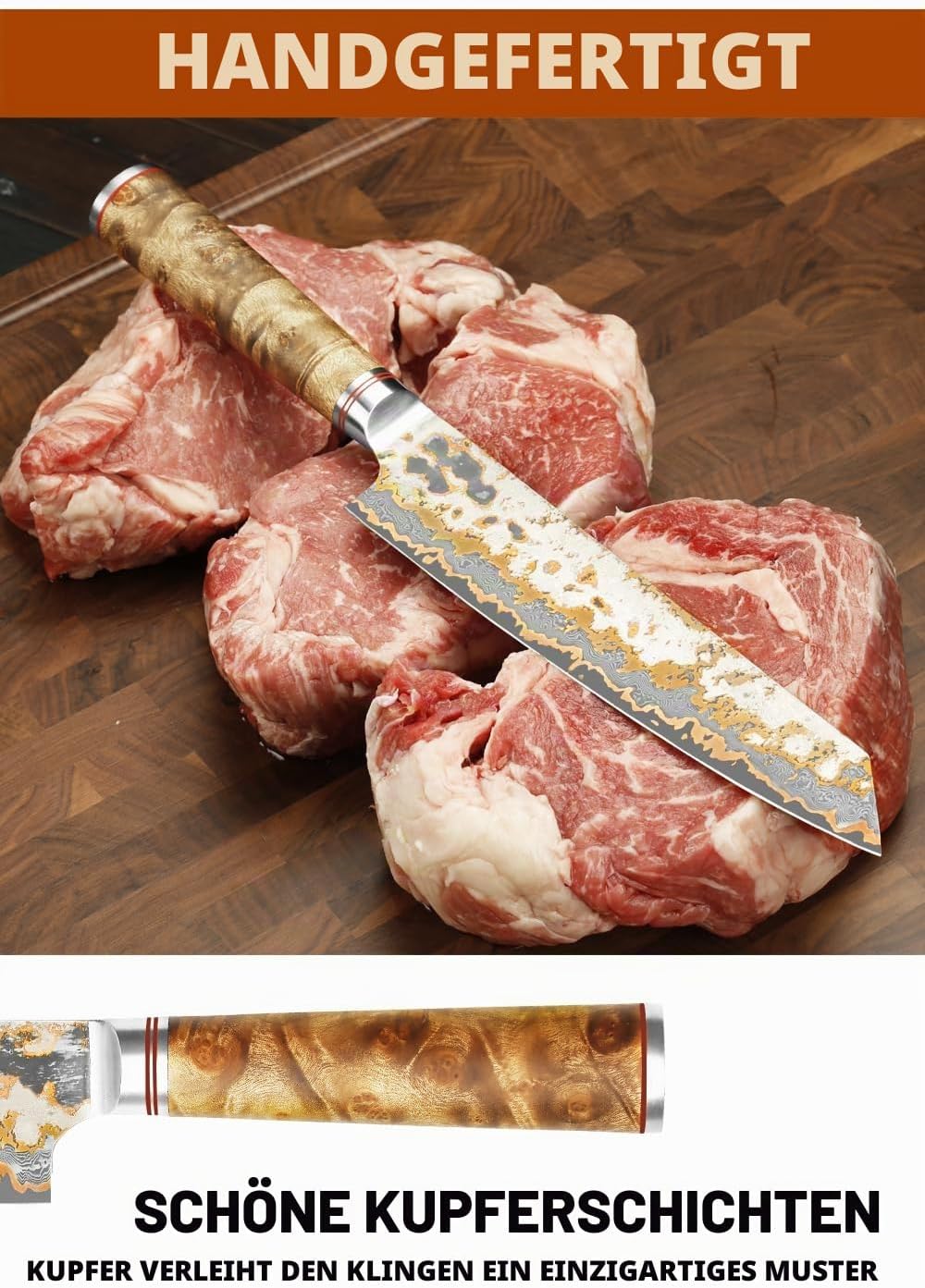 YOUSUNLONG Kiritsuke Kochmesser - 210mm Japanische Kupfer Damaszener Stahl Klinge - Rasiermesserscha