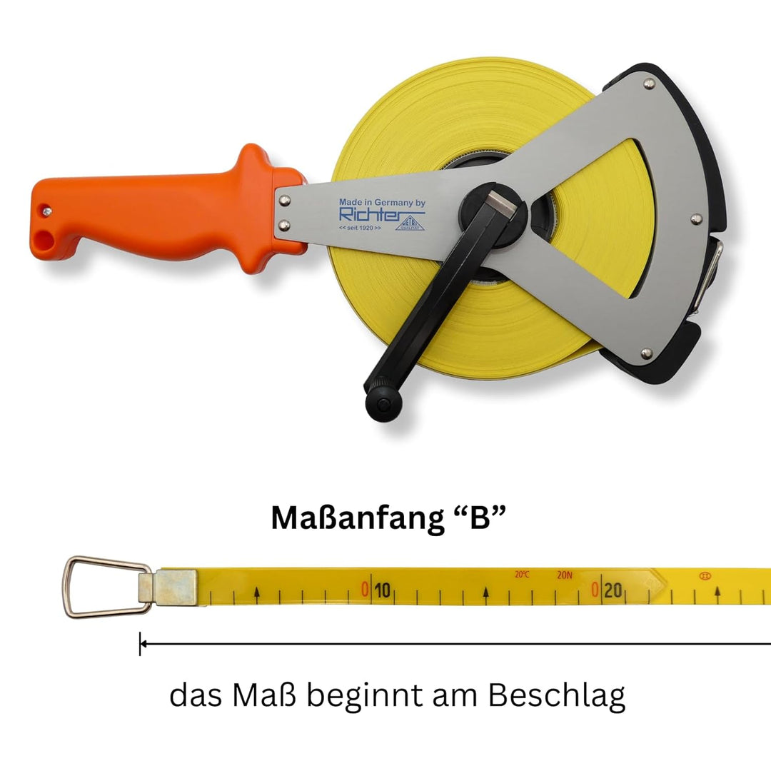 Richter Glasfaserbandmass Bandmass - 16mm breit mit V-Leichtmetallrahmen - Länge: 10m - Massanfang "