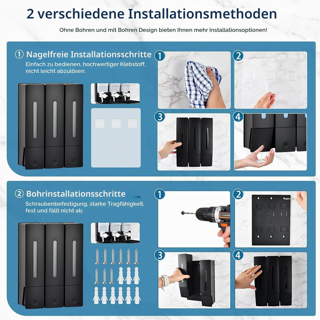 Duschspender Wandmontage Ohne Bohren, 400ml Seifenspender für Dusche, 2/3 Kammern, Shampoo &amp; Duschge