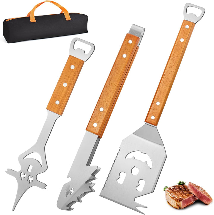 BBQ Grillbesteck Set 3-TLG, Extra Langes Grillwerkzeug, Edelstahl Holzgriff, Grill Zubehör mit Grill