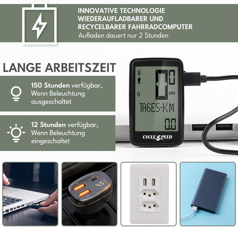 Fahrradcomputer USB Aufladbar, Fahrrad Kilometerzähler Tachometer Kabellos IPX7 Wasserdicht, Fahrrad