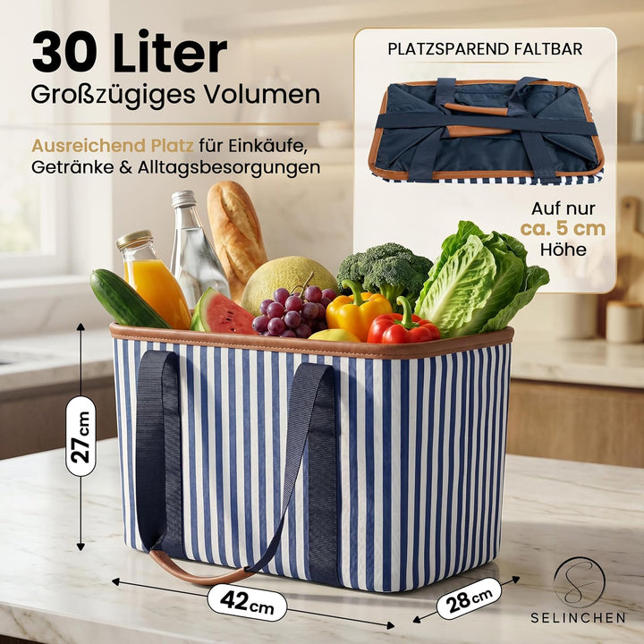 Selinchen® - Premium Einkaufskorb | Hochwertige Einkaufstasche faltbar und mit PU-Ledergriff | Ideal
