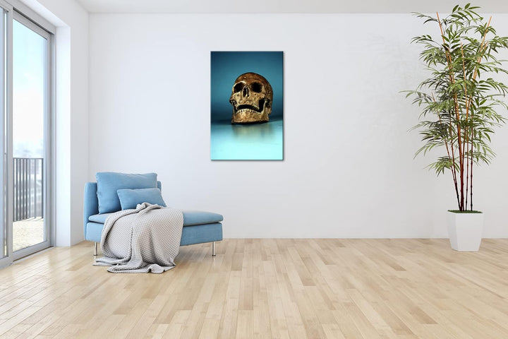deyoli goldener Schädel im Format: 80x60 als Leinwandbild, Motiv fertig gerahmt auf Echtholzrahmen,