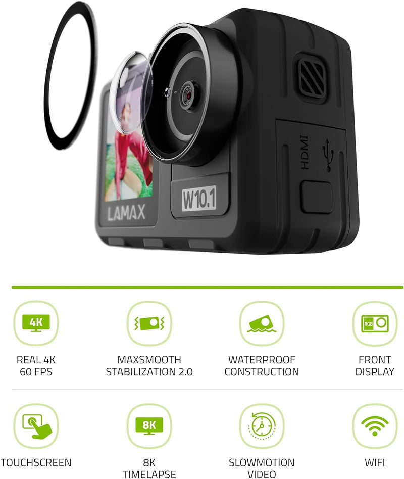 Lamax W10.1 Real 4K 60 fps Action Cam mit Stabilisierung MAXsmooth 2.0, Unterwasserkamera, Camcorder