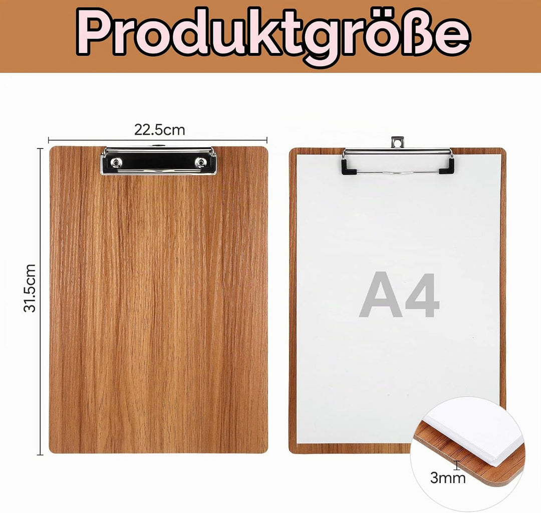 4 Stück Klemmbrett A4, Bürohelfer Klemmmappe aus Holz, Klemmbretter set mit Metallclip, für Arbeit Z