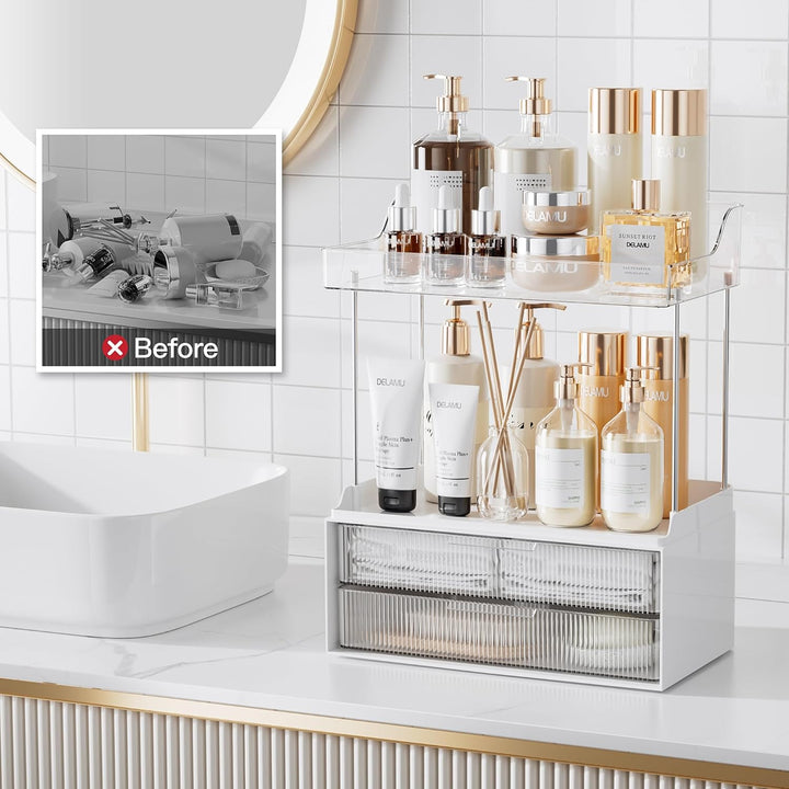 Delamu Make Up Organizer mit 2 Schubladen, 2 Etagen Kosmetik Organizer, Multifunktions Grösser Kosme