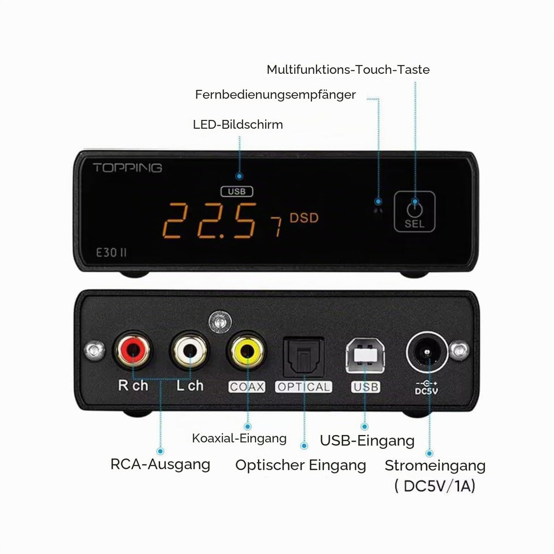 TOPPING E30II Lite HiFi DAC 1×AK4493S 32bit/768kHz XMOS XU208 USB/Opt/Coax Eingang RCA Ausgang Home