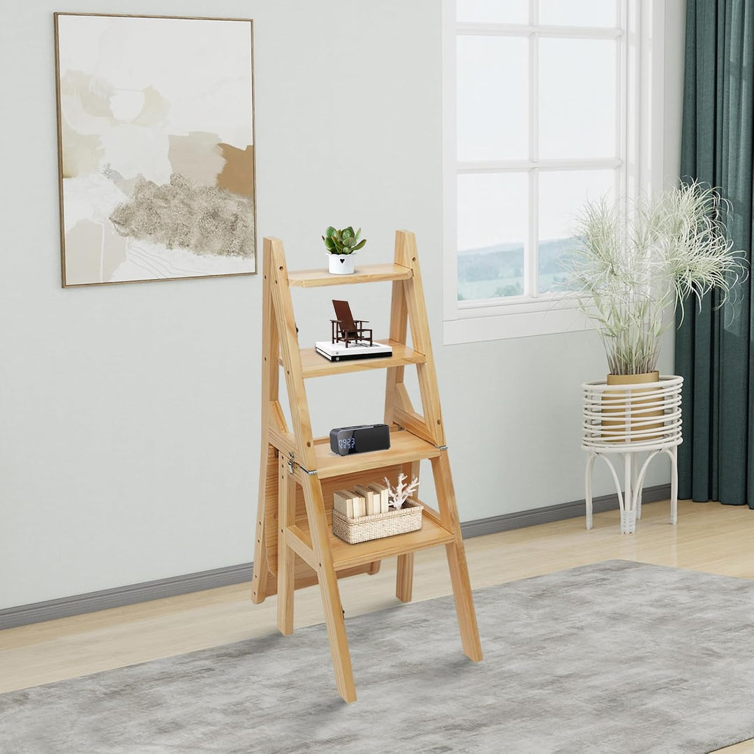 QIERF 4-Stufen Klappbarer Tritthocker 2-in-1 Holz Trittleiter und Stuhl Klappbar Holztrittleiter 100