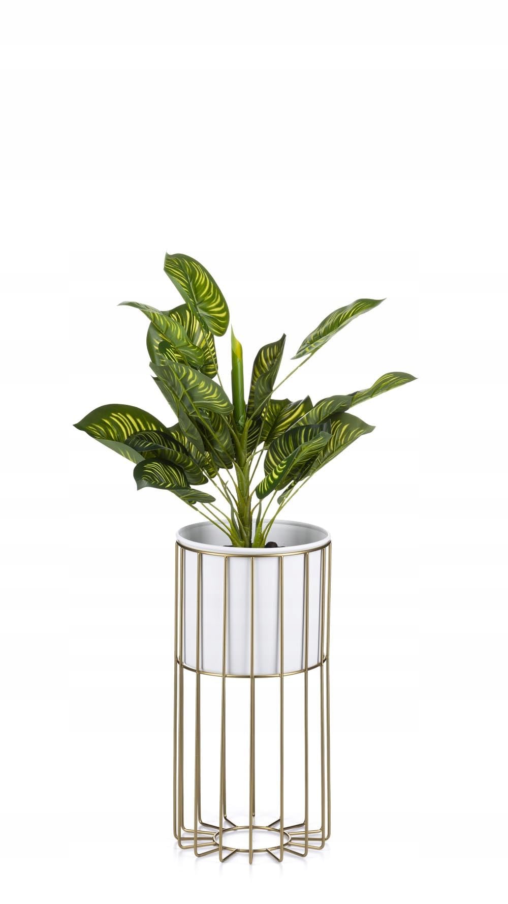 Moderne Blumenständer Metall 42 cm Hoch mit Weiss Blumentopf Rund 19 cm Ø auf Robuste Gold Ständer -