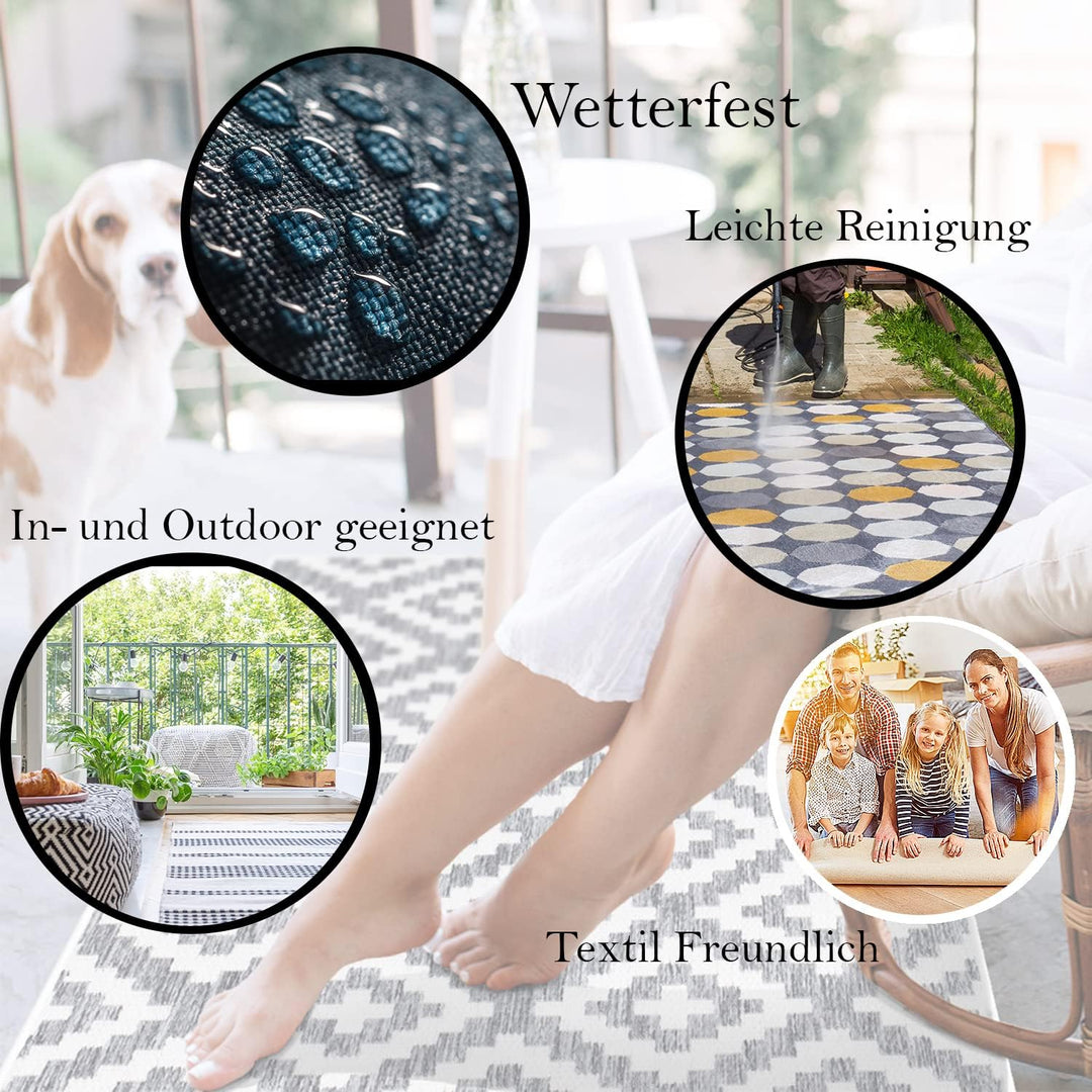 payé Outdoor Teppich Rund - 160x160cm - Wetterfest - Grau Weiss - Bordüre - Teppiche für Terrasse Ba