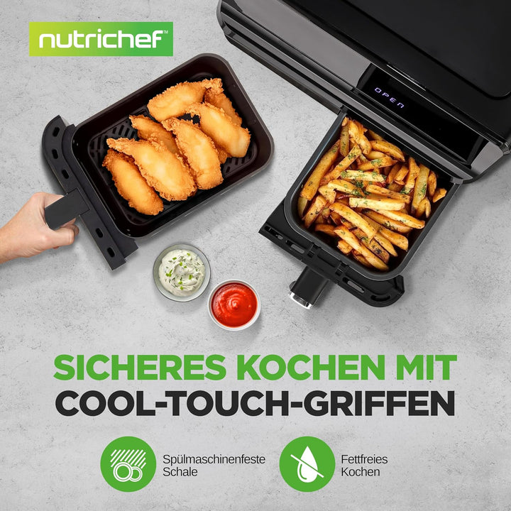 NutriChef Heissluftfritteuse 8L Doppelt – Airfryer mit 2 Fächern, Sichtfenster & 9 Programmen, max.