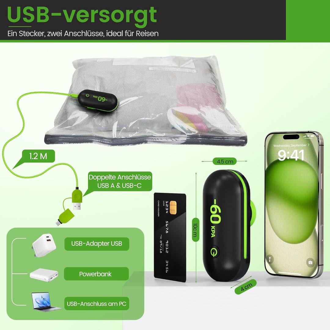 Vakuumbeutel Set 9-tlg mit Elektrischer USB-Pumpe | 3 Grössen (40x40cm, 40x50cm, 40x60cm) Platzspare