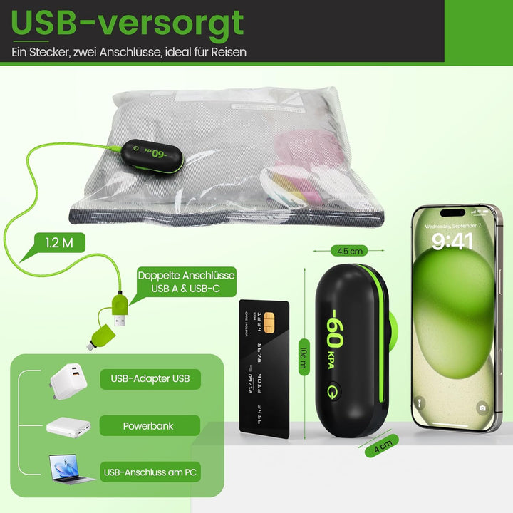 Vakuumbeutel Set 9-tlg mit Elektrischer USB-Pumpe | 3 Grössen (40x40cm, 40x50cm, 40x60cm) Platzspare