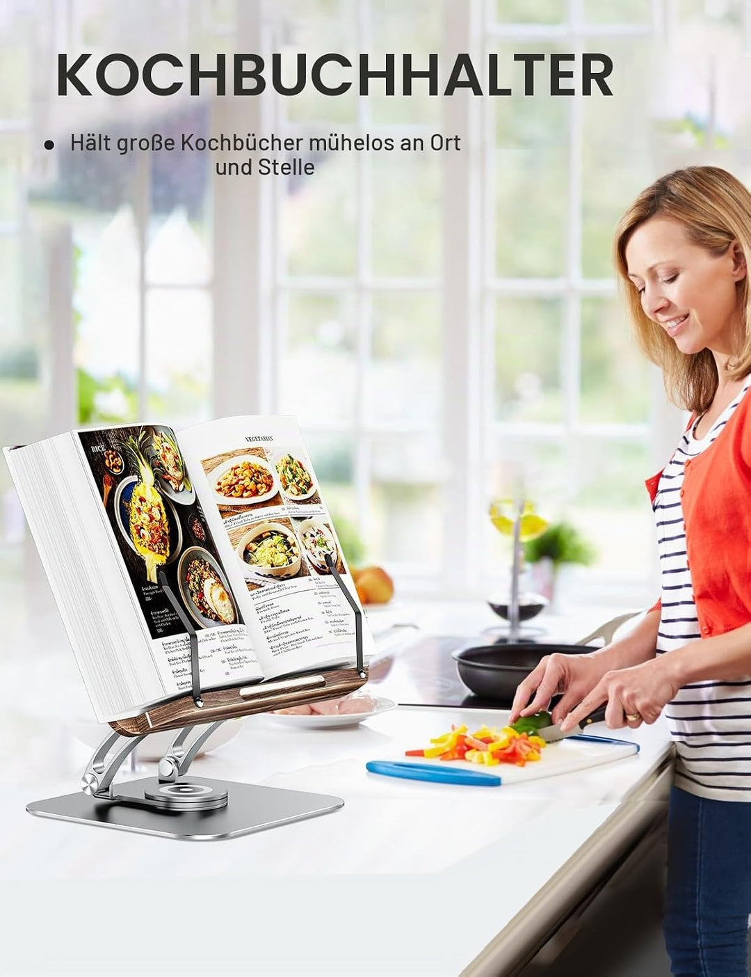 Tounee Buchständer, Verstellbarer Buchhalter mit 360° drehbarer Basis, Kochbuchständer, Rezeptbuchha