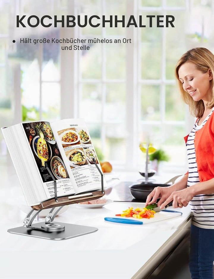 Tounee Buchständer, Verstellbarer Buchhalter mit 360° drehbarer Basis, Kochbuchständer, Rezeptbuchha