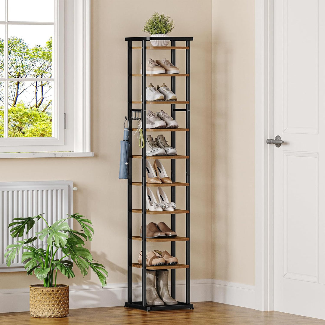 Vertikales Schuhregal, 10 Ebenen Schmales Schuhregal mit Haken, Verstellbar, Platzsparend, Schuhturm