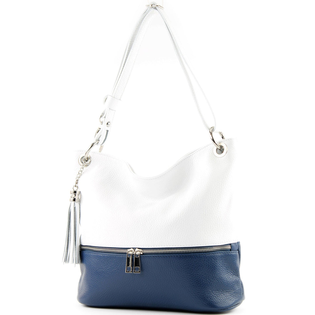 modamoda de - T143 - ital. Leder Schultertasche Umhängetasche Weiss/Dunkelblau2021, Weiss/Dunkelblau