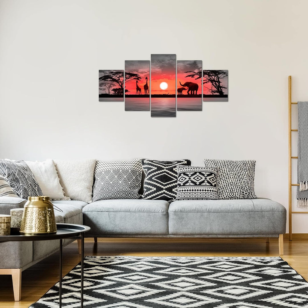 Runa Art Bild Wohnzimmer Schlafzimmer Afrika Sonnenuntergang 5 Teilig Giraffe Elefant Orange Wandbil