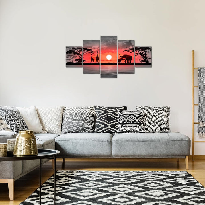 Runa Art Bild Wohnzimmer Schlafzimmer Afrika Sonnenuntergang 5 Teilig Giraffe Elefant Orange Wandbil