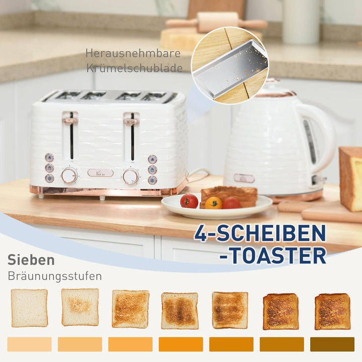 HOMCOM Wasserkocher Toaster Set Frühstück-Set mit 1,7L Wasserkocher, 4 Scheiben Toaster, 2200 W, 7 B