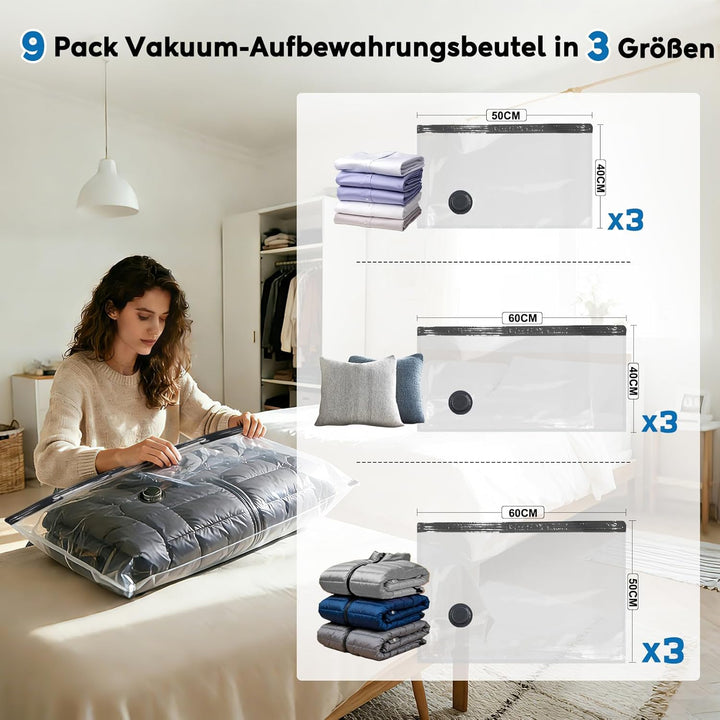 Reise Vakuumbeutel für Kleidung mit Kabellose Elektrischer -60000Pa Pumpe, 9 Stück Vacuum Storage Ba