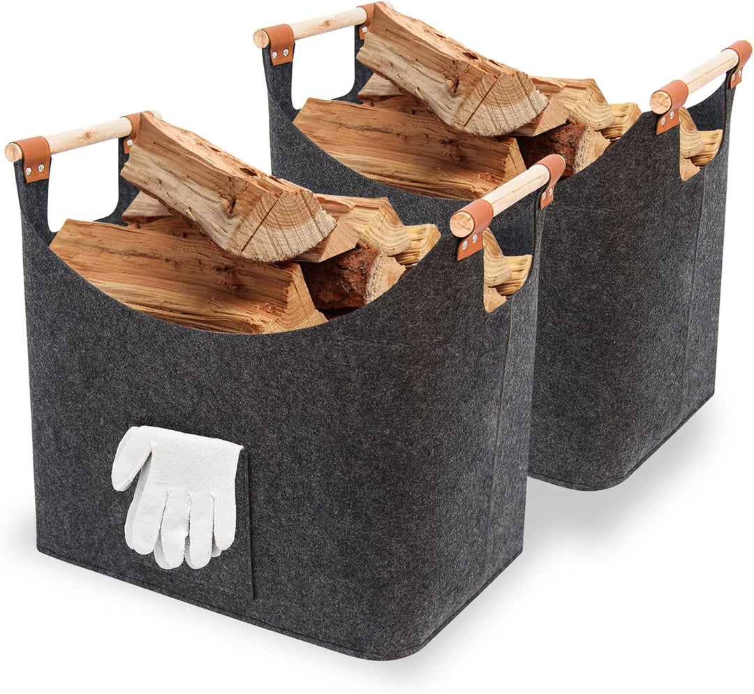 FINEW Holzkorb für Kaminholz 2er Set, Kaminholzkorb mit Handschuhen, Faltbarer Filztaschen aus Filz,
