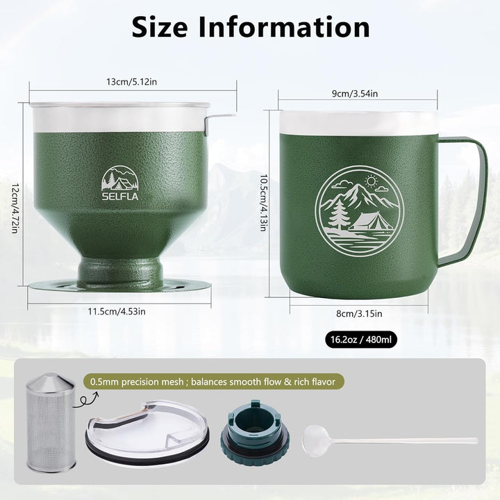 Edelstahl-Kaffeetropfer-Set, Outdoor-Kaffeetropfer, Wiederverwendbarer Filter & Isolierbecher (473ml