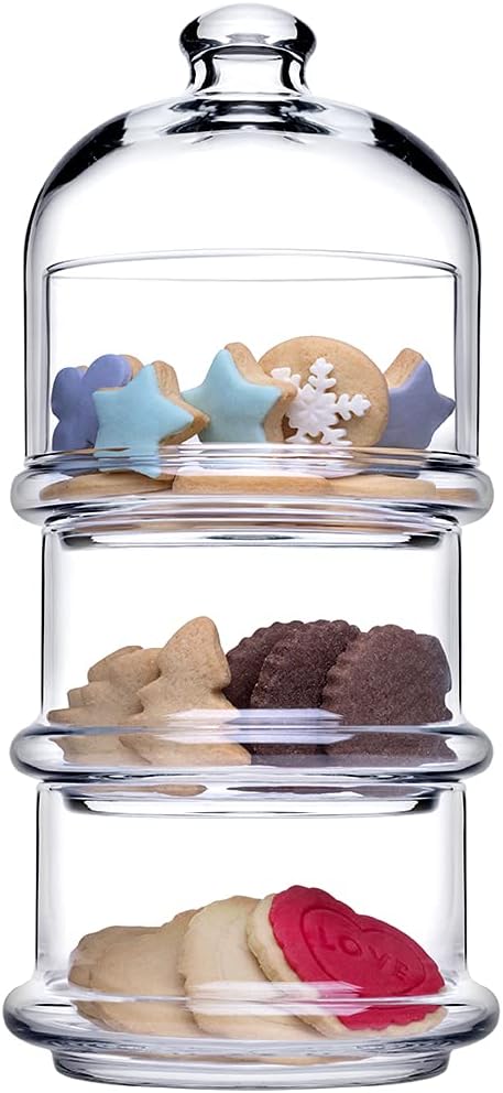 PASABAHCE 488854 Patisserie Basic Set 3 stapelbare Behälter mit Kuppel, Glas, transparent,,12x26 cm