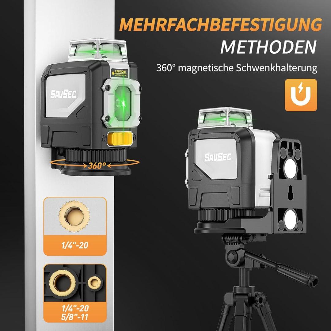 Laser Wasserwaage Grün 45 M, SAVSEC 1 × 360° Kreuzlinienlaser Selbstnivellierendes, 5 Linien Kreuzla