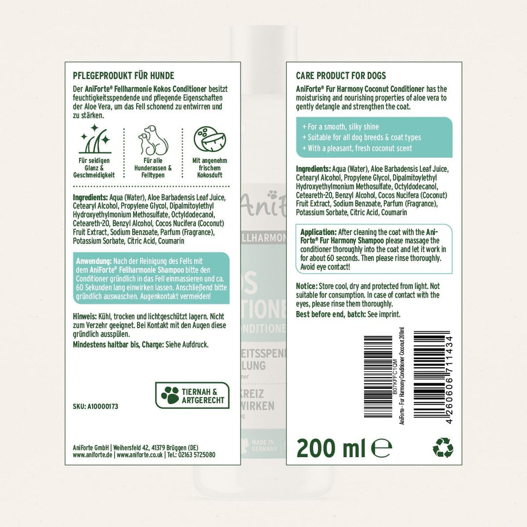 AniForte Fellharmonie Conditioner für Hunde 200ml - Spülung für Hunde mit Kokosöl & Aloe Vera, für L