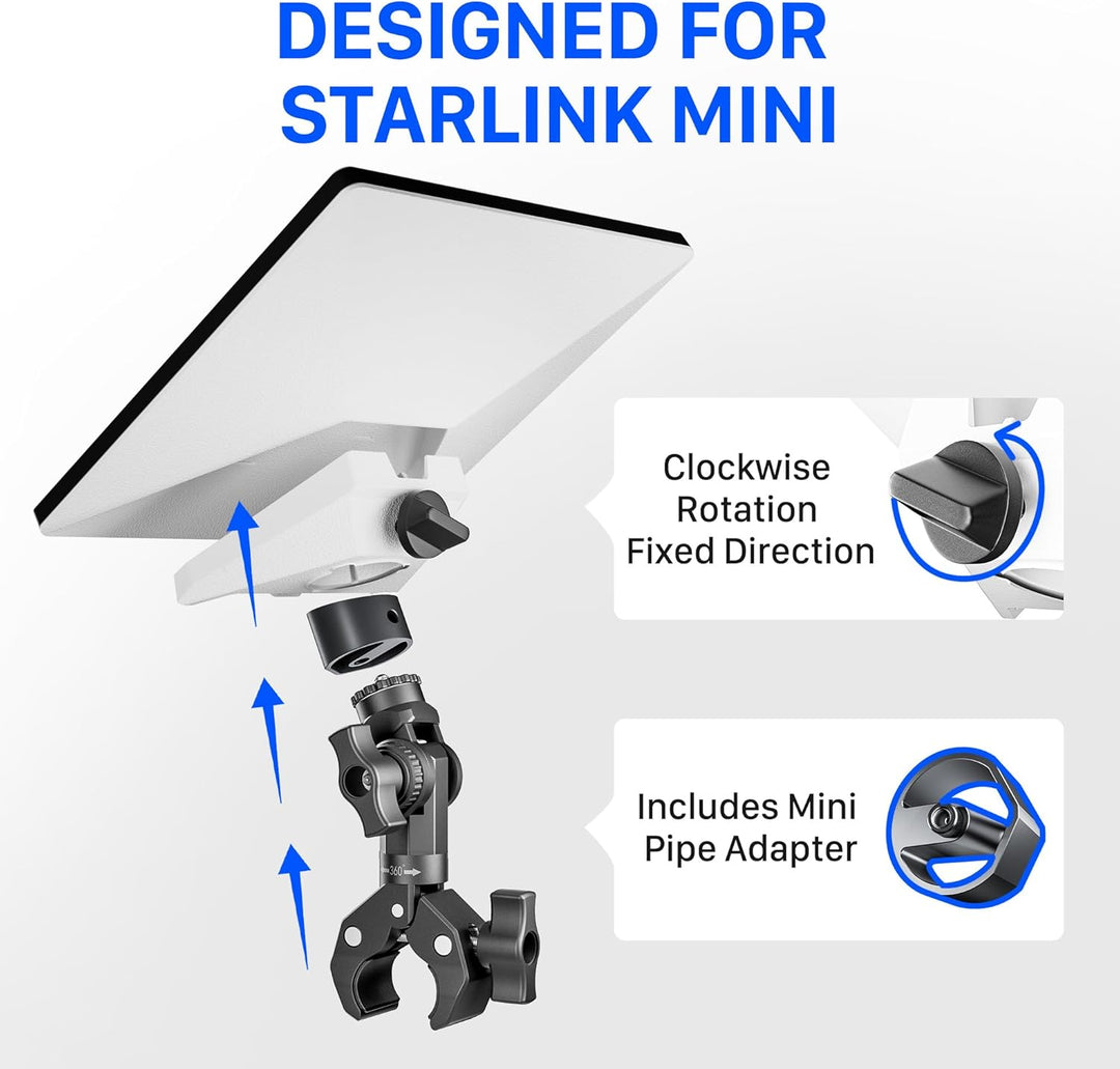 2025 Starlink Mini Halterung Aluminium Klemmadapter mit 1/4"-20 & 3/8"-16 Gewinde, 360° verstellbar