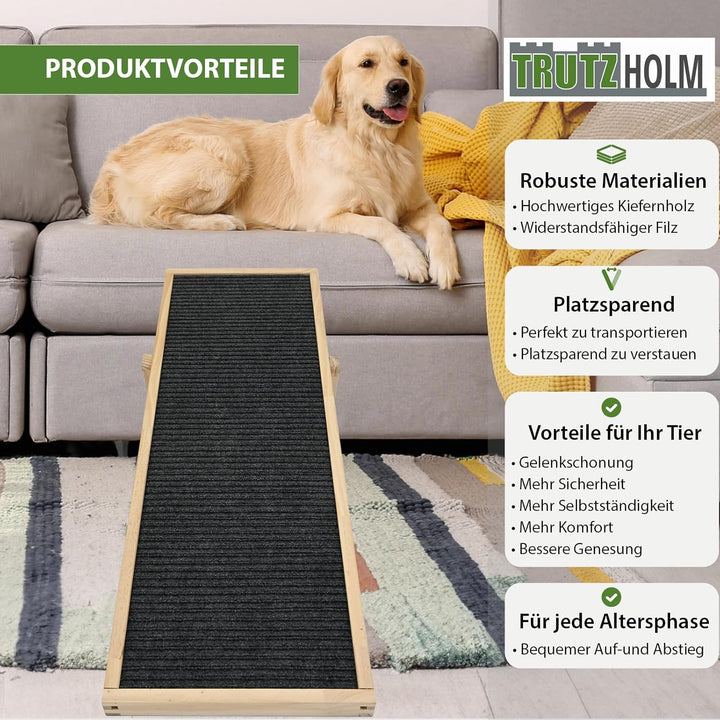 TRUTZHOLM Robuste Hunderampe aus Kiefernholz 104x35 cm höhenverstellbar 46/52/56 cm 35 kg Tragkraft