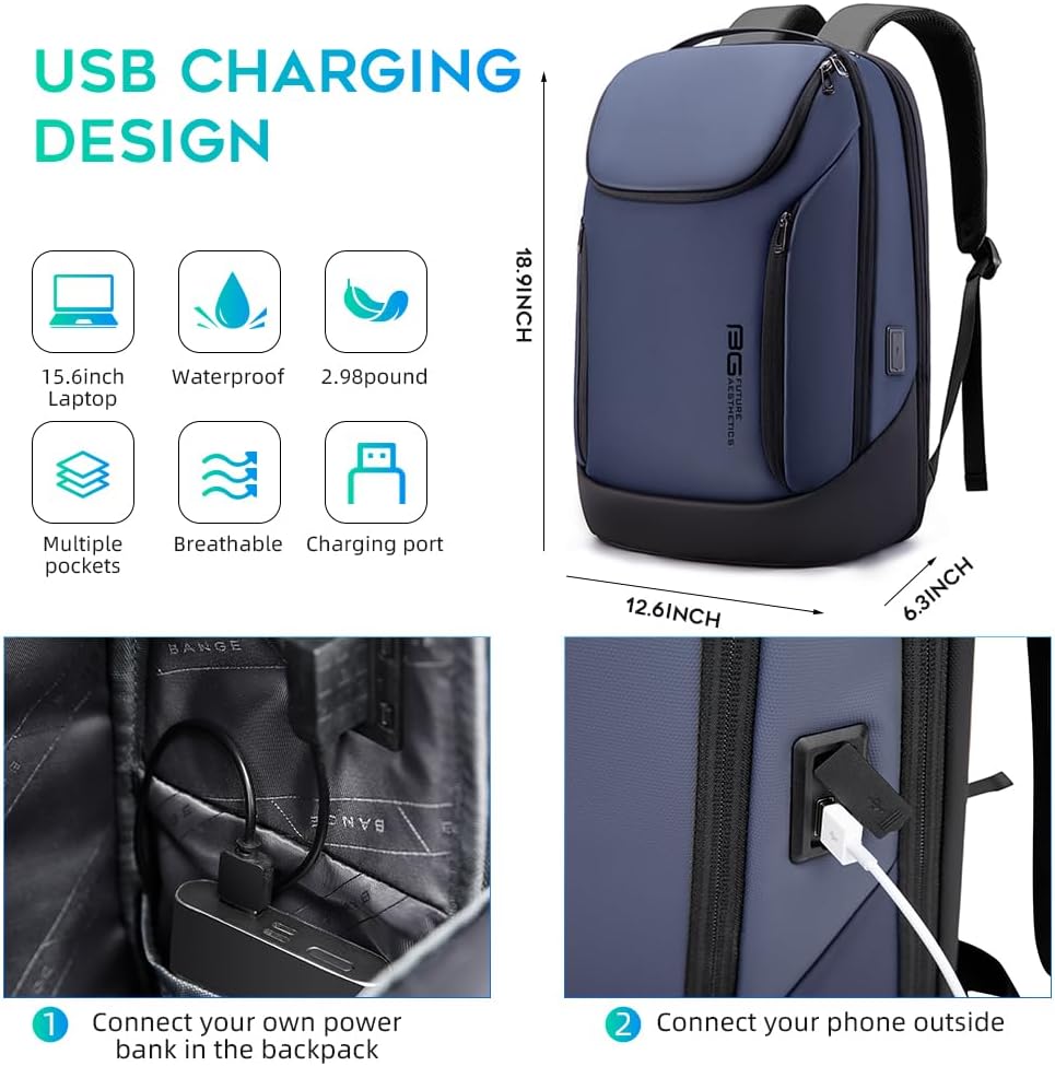 BANGE Business-Smart-Rucksack, wasserdicht, 39,6 cm (15,6 Zoll), Laptop-Rucksack mit USB-Ladeanschlu