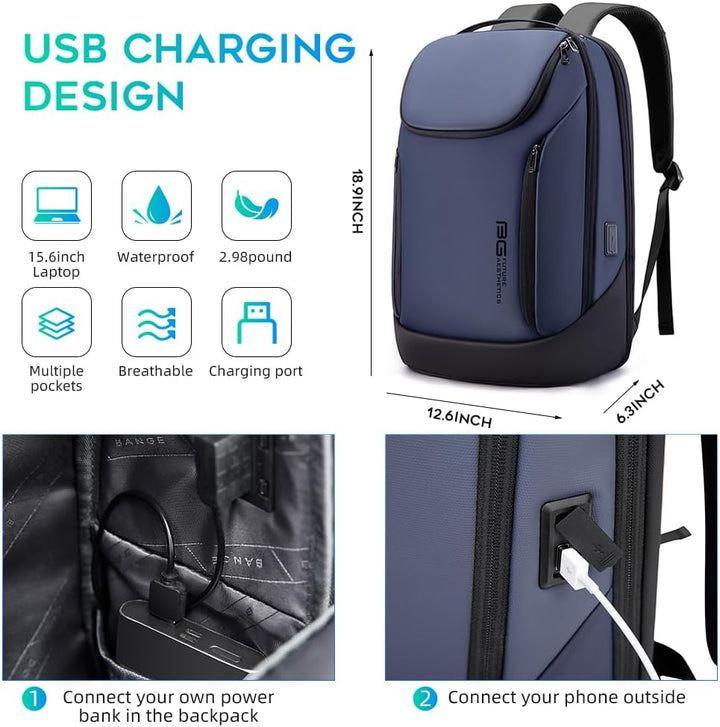 BANGE Business-Smart-Rucksack, wasserdicht, 39,6 cm (15,6 Zoll), Laptop-Rucksack mit USB-Ladeanschlu