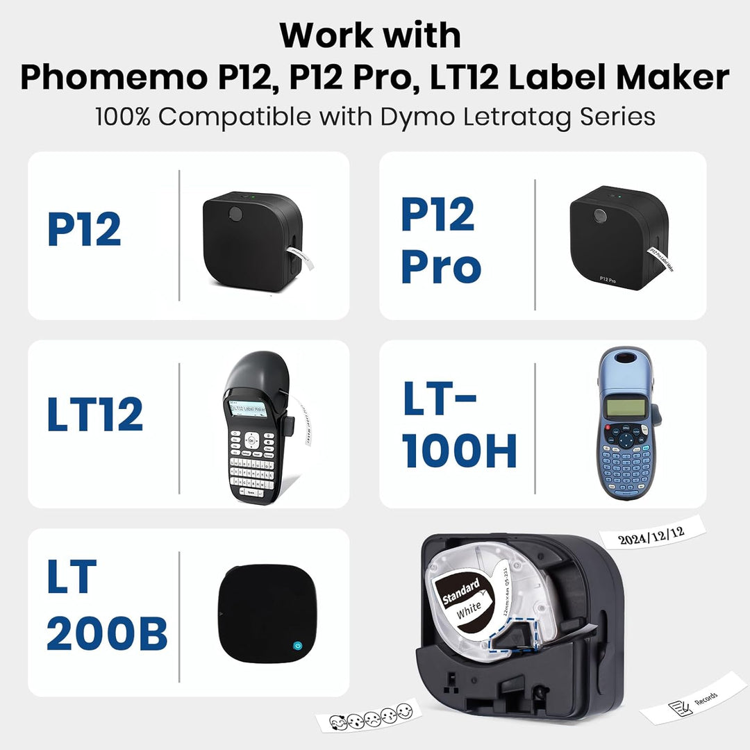 Phomemo P12 Etikettenband Kompatible mit Dymo LetraTag Etikettenband für LT-100H LT-100T 200B PLUS X