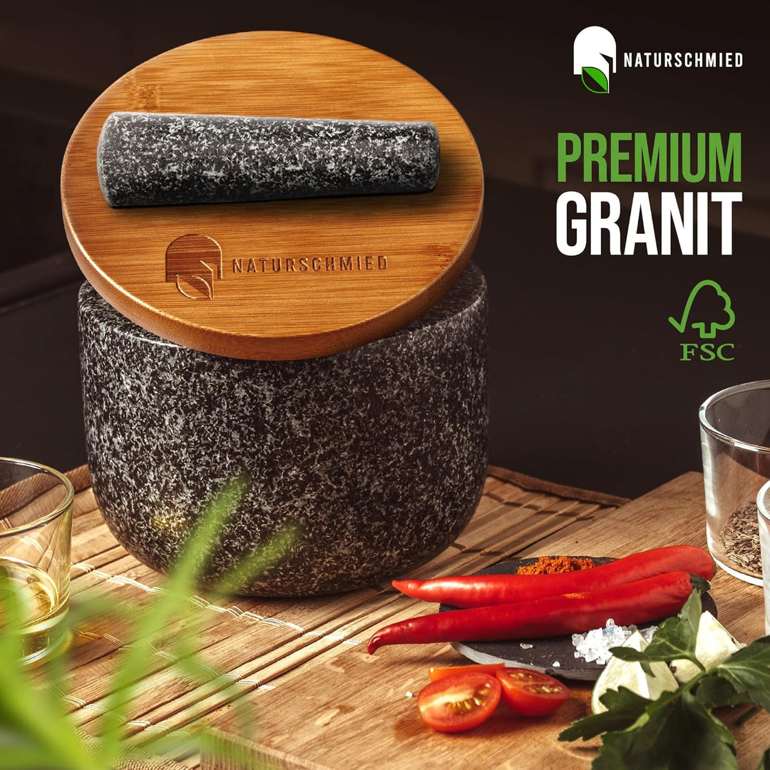 NATURSCHMIED Mörser mit Stössel & Deckel - AirProof 2.0 Verschluss + SolidStand Pad | 750 ml - Anthr