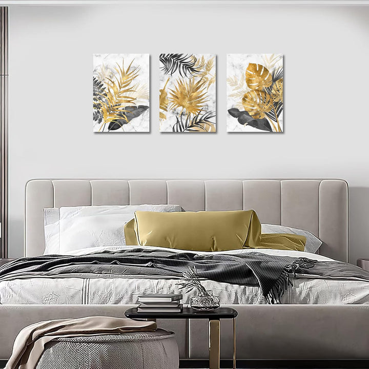 3 Teilig Leinwandbilder Bilder mit Rahmen Abstrakt Grau Gold Blätter bild auf leinwand Wandkunst Mod
