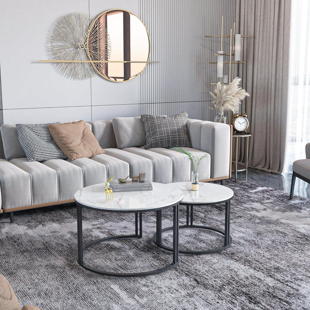 FATIVO Marmor Couchtisch 2er Set, Weiss Satztisch Rund Wohnzimmertisch mit schwarz Metallrahmen - Sa