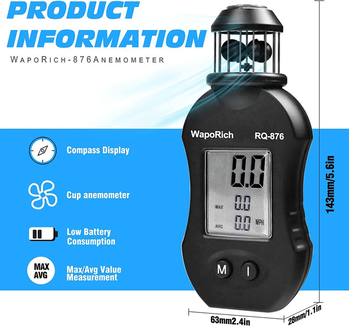 WapoRich Mini Windmesser, 360° Cup-Anemometer Handheld Windmessgerät misst Windgeschwindig 0,7–42 m/
