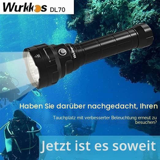 Wurkkos DL70 Tauchlampe, 13.000 Lumen Tauchen Taschenlampe, 4*XHP50.2 LEDs Unterwasser Taschenlampe,